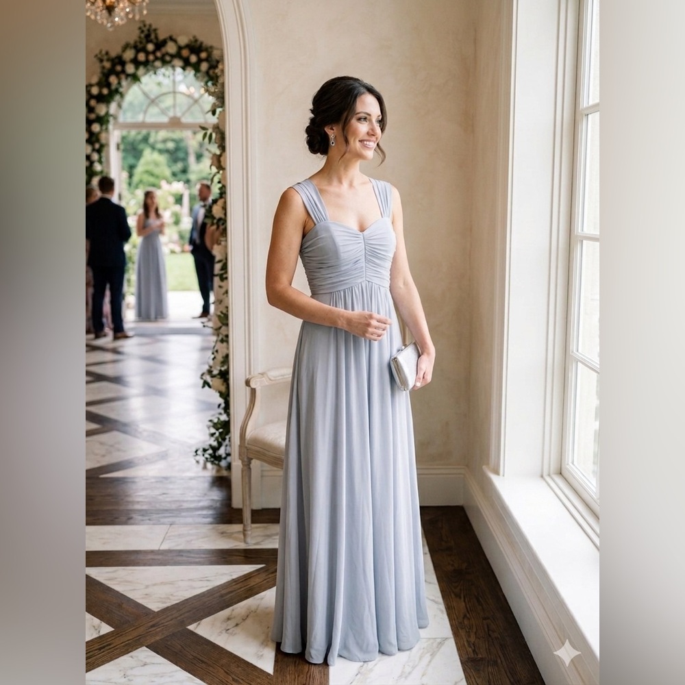 Birdy Grey Light Gray Chiffon Maxi Dress with Ruched Bodice